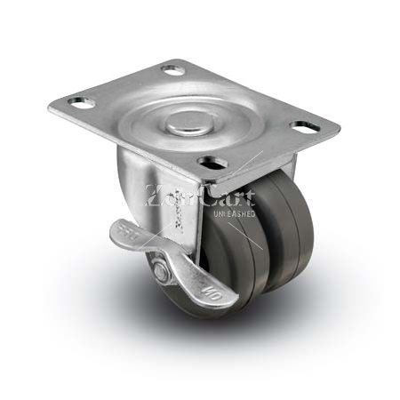 (image for) Caster; Dual Wheel; Swivel; 2" x 7/8" (x2); Soft Rubber (non-marking); Plate (2-5/8"x3-3/4"; holes: 1-3/4"x2-3/4" slotted to 3"; 5/16" bolt); 180#; Brake (Item #65184)
