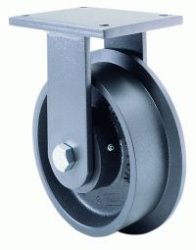 Caster; Rigid; 8" x 1-7/16" (6"x1-13/16"); Single Flange Cast Iron; Plate (4-1/2"x6-1/4"; holes: 2-7/16"x4-15/16"); Zinc; Twin 6205 Bearings; 1500#; 600° F (Item #63147)