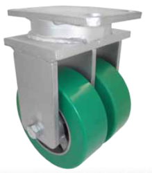 Caster; Dual Wheel; Rigid; 10" x 3"; PolyU (Crowned) on Cast; Plate (5-1/4"x7-1/4"; holes: 3-3/8"x5-1/4" slotted to 4-1/8"x6-1/8"; 1/2" bolt); Rlr Brg; 6000# (Item #65957)