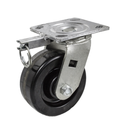 Caster; Swivel; 6" x 3"; Phenolic; Plate (5-1/4"x7-1/4"; holes: 3-3/8"x5-1/4" slots to 4-1/8"x6-1/8"; 1/2" bolt); Zinc; Tapered Rlr Brng; 2000#; Position Lock (Item #63594)