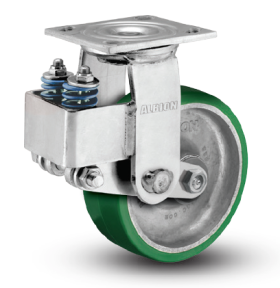 (image for) Caster; Swivel; 8" x 2"; Rubber on Cast; Plate (4"x4-1/2"; holes: 2-5/8"x3-5/8" slots to 3"x3"); Roller Brng; Spring Loaded (50% deflection at 500#) (Item #63484)