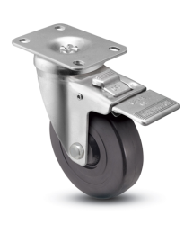 Caster; Swivel; 3" x 1-1/4"; Conductive Rubber; Plate (2-1/2"x3-5/8"; holes: 1-3/4"x2-7/8" slots to 3"; 5/16" bolt); Zinc; Ball Brng; 250#; Total Lock (Item #64270)