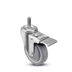 Caster; Swivel; 4" x 1-1/4"; PolyU on PolyO (Gray); Stem (1/2"-13TPI x 1-1/2"); Prec Ball Bearing; 300#; Dust Cover (Mtl); Thread guards; Total Lock Brake (Item #65008)