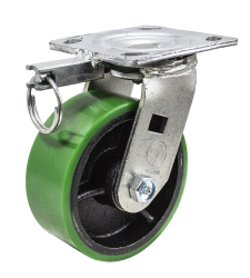 Caster; Swivel; 5" x 2"; PolyU on Cast Iron; Plate; 4"x4-1/2"; holes: 2-5/8"x3-5/8" slots to 3"x3"); 3/8" bolt; Zinc; Roller Brng; 1200#; Pos Lck (Item #68931)