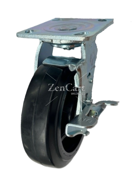 (image for) Caster; Swivel; 6"x2"; Rubber on Cast; Plate (4-1/2"x6-1/4"; holes: 2-7/16"x4-15/16" slotted to 3-3/8"x5-1/4"; 1/2" bolt); Zinc; Roller Brng; 550#; Tread Brake (Item #66043)