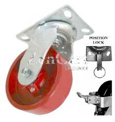 (image for) Caster; Swivel; 6" x 2"; Steel (Ductile); Plate (4-1/2"x6-1/4"; holes: 2-7/16"x4-15/16" slots to 3-3/8x5-1/4; 1/2 bolt); Roller Brng; 1200#; Face Brake; Pos Lck (Item #63042)