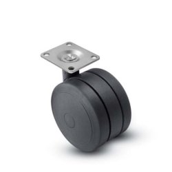 Caster; Twin; Swivel; 3" (75mm); Nylon; Plate; 2-5/8"x3-3/4"; holes: 1-3/4"x2-3/4" (slotted to 3"); 5/16" bolt; Black; Rivet; 165# (Item #68972)