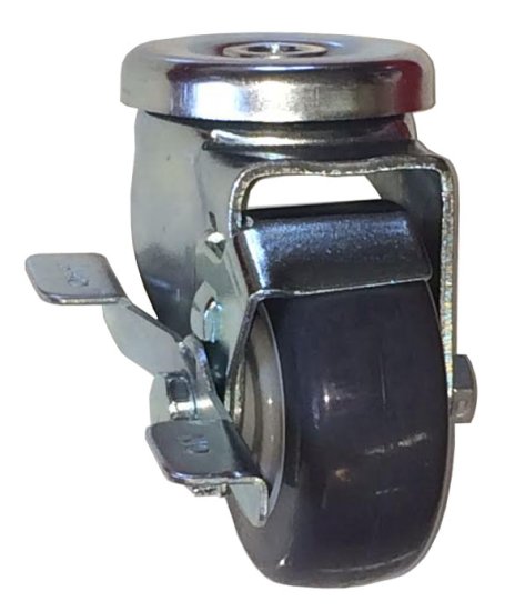 Caster; Swivel; 3\" x 1-1/4\"; PolyU on PolyO (Gray); Hollow Kingpin (1/2\" bolt hole); Zinc; Precision Ball Brng; 250#; Tread brake; Dust Cover (Mtl) (Item #66725)