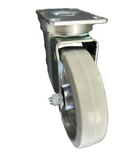 (image for) Caster; Swivel; 5" x 1-1/4"; Gray Rubber on Alum; Plate (2-1/2"x3-3/4"; holes: 1-3/4"x2-7/8" slots to 3"; 5/16" bolt); Zinc; Prec Ball Brngs; 250#; Dust Cover (Item #62921)