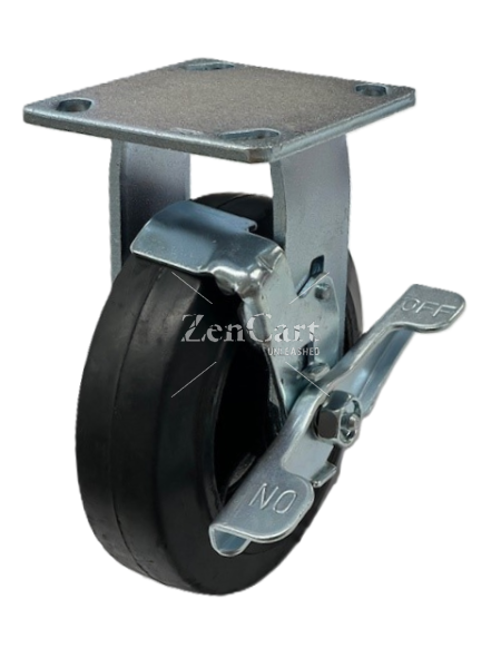 (image for) Caster; Rigid; 8" x 2"; HD Nylon; Slight Crown; Plate (4"x4-1/2"; holes: 2-5/8"x3-5/8" slots to 3"x3"; 3/8" bolt); Roller Brngs; 1250#; Warranty; Tread Brake (Item #63021)