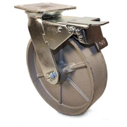 Caster; Swivel; 5" x 2"; Cast Iron; Plate; 4"x4-1/2"; holes: 2-5/8"x3-5/8" (slotted to 3"x3"); 3/8" bolt; Zinc; Roller Brng; 1000#; Total Lock (Item #63502)