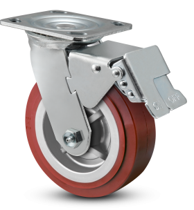 (image for) Caster; Swivel; 5"x2"; PolyU on PolyO; Plate; 4"x4-1/2"; holes: 2-5/8"x3-5/8" (slotted to 3x3); 3/8 bolt; Roller Brng; 750#; Total Lock Brake (Trailing) (Item #68570)