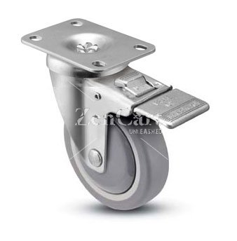 (image for) Caster; Swivel; 5" x 1-1/4"; TPR Rbr (Gray); Plate (2-3/8"x3-5/8"; holes: 1-3/4"x2-7/8" slots to 3"; 5/16" bolt); Zinc; 300#; Plastic Dust Cover; Swivel Lock (Item #63337)