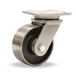 Caster; Swivel; 8"x3"; Steel (Forged); Plate (4-1/2"x6-1/4"; holes: 2-7/16"x4-15/16" slots to 3-3/8"x5-1/4"; 1/2" bolt); Zinc; Roller Brng; 2000# (Item #63242)