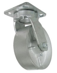 Caster; Swivel; 5" x 2"; Cast Iron; Plate (4"x4-1/2"; holes: 2-5/8"x3-5/8" slots to 3"x3"; 3/8" bolt); Zinc; Roller Brng; 1000#; Kingpinless (Item #64048)