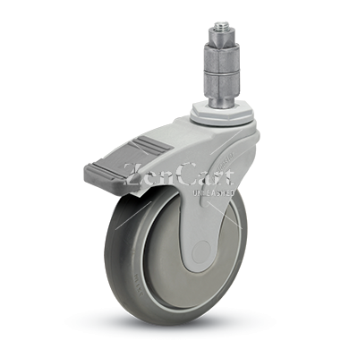 (image for) Caster; Swivel; 5" x 1-1/4"; Thermoplastized Rubber; Expanding Adapter (Round for 1" ID tubing); Nylon Yoke; Prec Ball Brng; 300#; Thrd Grds; Total Lock Brake (Item #63716)