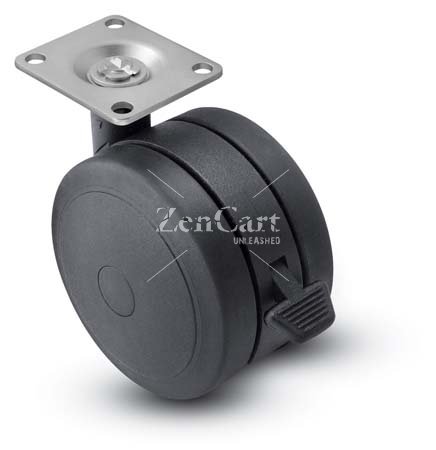 (image for) Caster; Twin Wheel; Swivel; 100mm (4"); Polyurethane; Plate (2-3/16" x 2-9/16": holes: 1-5/8" x 2"; 5/16" bolt); Black; Riveted Axle; 175#; Wheel Brake (Item #68907)