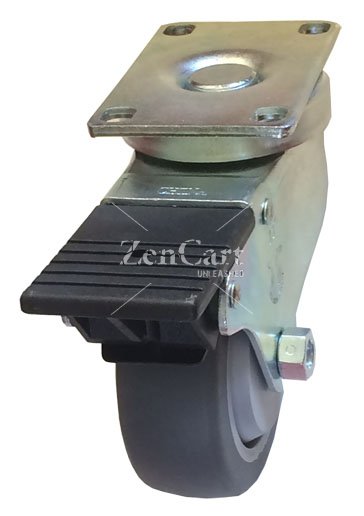 (image for) Caster; Swivel; 4" x 1-1/4"; PolyU on PolyO (Gray); Plate (2-3/8"x3-5/8"; holes: 1-3/4"x2-7/8" slots to 3"; 5/16" bolt); Zinc; Prec BB; 300#; Plastic Total Lock (Item #65535)