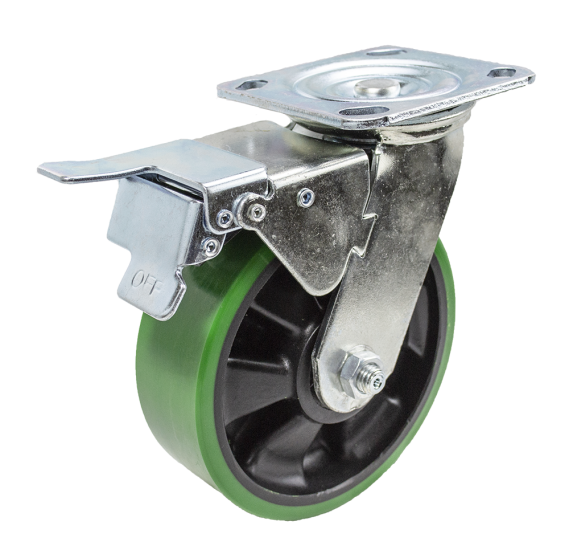 (image for) Caster; Swivel; 5\" x 2\"; PolyU on Nylon; Plate (4\"x4-1/2\"; holes: 2-5/8\"x3-5/8\" slots to 3\"x3\"; 3/8\" bolt); Zinc; Roller Brng; 1000#; Total Lock (Trailing) (Item #63940)