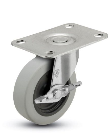 (image for) Caster; Swivel; 3\" x 13/16\"; Thermoplastized Rubber (Gray); Plate (1-3/16\" x 2\"; holes: 13/16\" x 1-9/16\"; 3/16\" bolt); Zinc; Plain bore; 110#; Side friction bra (Item #66738)