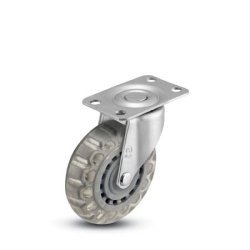 Caster; Swivel; 2" x 13/16"; Polyurethane (Clear); Top Plate (1-3/16" x 2"; holes: 13/16" x 1-9/16"; 3/16" bolt); Zinc; Plain bore; 80# (Item #66187)