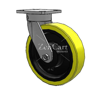 (image for) Caster; Swivel; 6" x 2"; PolyU (1/2"; 95A) on Cast; Plate (4"x4-1/2"; holes: 2-5/8"x3-5/8" slots to 3"x3"; 3/8" bolt); 6203 Prec Ball Brngs; 2000#; Kingpinless (Item #63252)