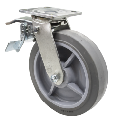 Caster; Swivel; 4" x 2"; Thermoplastized Rubber; Plate (4"x4-1/2"; holes: 2-5/8"x3-5/8" slotted to 3"x3"; 3/8" bolt); Zinc; Roller Brng; 400#; Total Lock (Lead) (Item #66014)