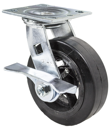 (image for) Caster; Swivel; 6" x 2"; Rubber on Cast; Plate (4-1/2"x6-1/4"; holes: 2-7/16"x4-15/16" slotted to 3-3/8"x5-1/4"; 1/2" bolt); Zinc; Roller Brng; 550#; Cam Brake (Item #66044)