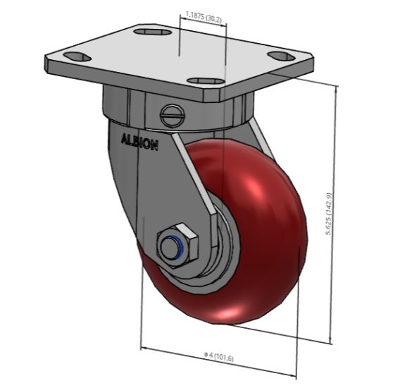 Caster; Swivel; 6\" x 2\"; PolyU (Round); GN on Alum; Plate (4\"x4-1/2\"; holes: 2-5/8\"x3-5/8\" slots to 3\"x3\"; 3/8\" bolt); Zinc; Prec Ball Brngs; 1250#; Kingpinless (Item #63532)