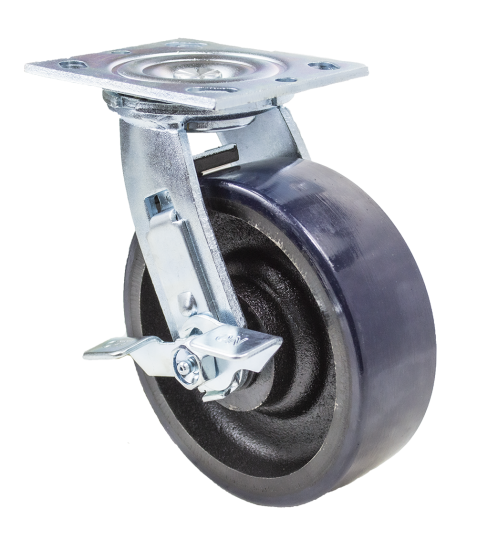 (image for) Caster; Swivel; 8\" x 2\"; PolyU (Crowned) on Cast (Blue); Plate (5\"x5-1/2\"; holes: 4-1/8\"x4-1/2\"; 7/16\" bolt); Zinc; Roller Brng; 1500#; Brake (Item #62957)