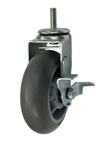 Caster; Swivel; 6\" x 2\"; ThermoPlastic Rubber Donut (Gray); Threaded Stem (1/2\"-13TPI x 1-1/2\"); Zinc; Roller Brng; 375#; Wheel Brake (Item #63512)