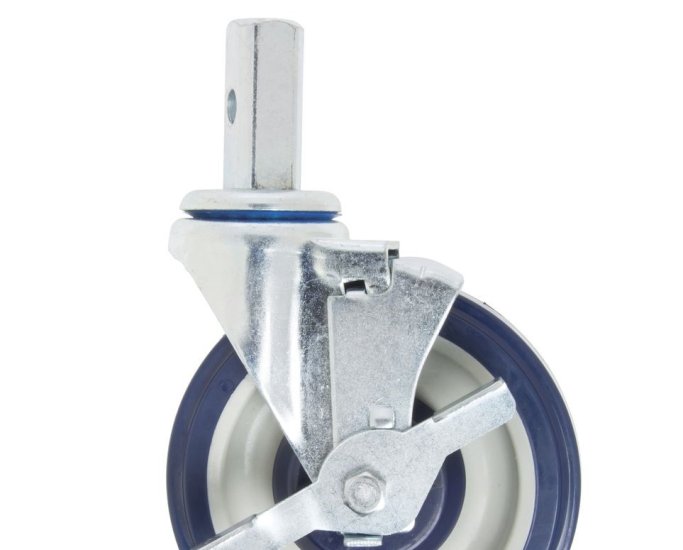 Caster; Swivel; 5\" x 1-1/4\"; Thermoplastized Rubber (Gray); Square Stem (7/8\" x 2\"; one 5/16\" mounting hole at 1\"); Zinc; Ball Brng; 250#; Tread brake (Item #65724)