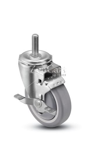 (image for) Caster; Swivel; 4" x 1-1/4"; PolyU on PolyO (Gray); Threaded Stem (3/8"-16TPI x 1-1/2"); Zinc; Precision Ball Brng; 300#; Tread brake; Dust Cover (Mtl) (Item #65244)
