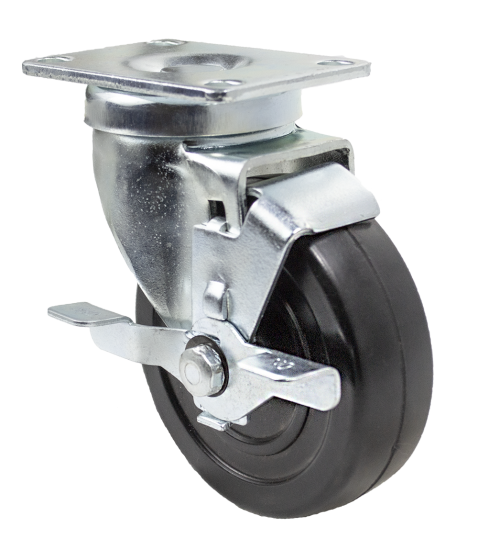 (image for) Caster; Swivel; 5\" x 1-1/4\"; Rubber (Hard); Top Plate (2-1/2\"x3-5/8\"; holes: 1-3/4\"x2-7/8\" slotted to 3\"; 5/16\" bolt); Zinc; Ball Brng; 280#; Tread brake (Item #65718)