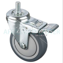 (image for) Caster; Swivel; 4" x 1-1/4"; PolyU on PolyO (Gray); Threaded Stem (5/8"-11TPI x 1-3/4"); Zinc; Prec Ball Brngs; 350#; Dust Cover (Mtl); Total Lock (Trailing) (Item #63631)