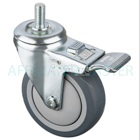 (image for) Caster; Swivel; 4" x 1-1/4"; PolyU on PolyO (Gray); Threaded Stem (5/8"-11TPI x 1-3/4"); Zinc; Prec Ball Brngs; 350#; Dust Cover (Mtl); Total Lock (Trailing) (Item #63631)