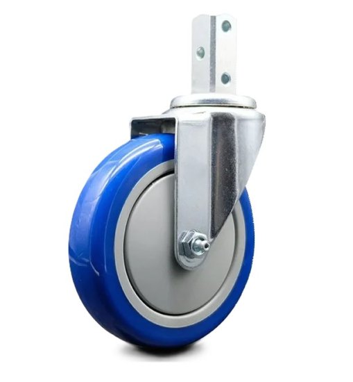 (image for) Caster; Swivel; 5\" x 1-1/4\"; PolyU on PolyO (Blue); Square Stem (7/8\" x 2\"; one 5/16\" mounting hole at 1\"); Zinc; Ball Brng; 300#; Dust Cover (Mtl) (Item #65614)