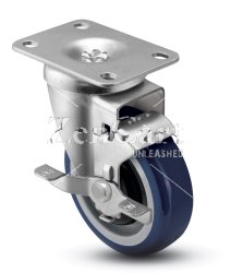 (image for) Caster; Swivel; 5" x 1-1/4"; PolyU on PolyO (Blue); Plate (2-5/8"x3-3/4"; holes: 1-3/4"x2-3/4" slotted to 3"; 5/16" bolt); Prec BB; 315#; Thread Guards; Brake (Item #66148)