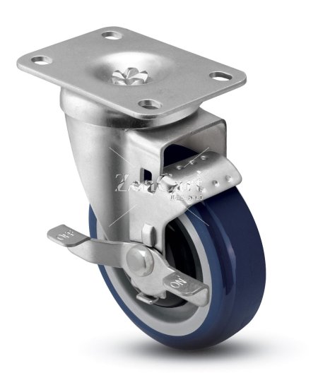 (image for) Caster; Swivel; 5" x 1-1/4"; PolyU on PolyO (Blue); Plate (2-5/8"x3-3/4"; holes: 1-3/4"x2-3/4" slotted to 3"; 5/16" bolt); Prec BB; 315#; Thread Guards; Brake (Item #66148)