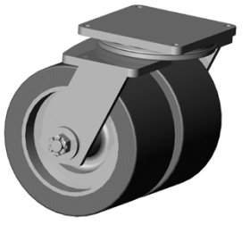 Caster; Swivel; 10x Dual 4" wheels; 95A PolyU on Forged Steel; Plate (8-1/2"x8-1/2"; holes: 7"x7"; 5/8" bolt); Gold Dich; Tapered Brng; 10000#; Kingpinless (Item #67444)