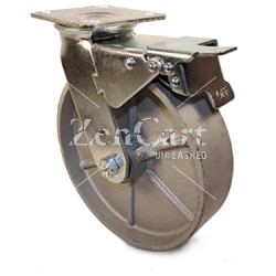 (image for) Caster; Swivel; 5" x 2"; Cast Iron; Plate; 4"x4-1/2"; holes: 2-5/8"x3-5/8" (slotted to 3"x3"); 3/8" bolt; Zinc; Roller Brng; 1000#; Total Lock (Item #63502)