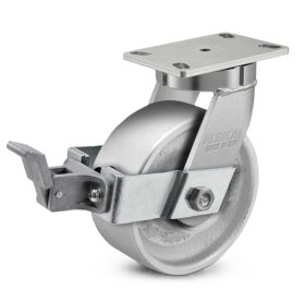 (image for) Caster; Swivel; 6" x 2"; Cast Iron; Plate (4"x4-1/2"; holes: 2-5/8"x3-5/8" slots to 3"x3"; 3/8" bolt); Zinc; Roller Brng; 1250#; Kingpinless; Face brake (Item #63060)