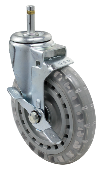 Caster; Swivel; 6\" x 1-1/4\"; Polyurethane (Clear); Grip Ring (7/16\" x 1-7/16\" w/ brass band); Zinc; Ball Brng; 300#; Tread brake (Item #67378)