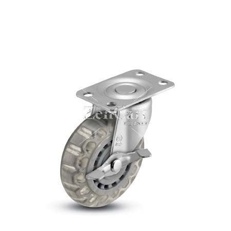 (image for) Caster; Swivel; 3" x 13/16"; Polyurethane (Clear); Plate (1-3/16" x 2"; holes: 13/16" x 1-9/16"; 3/16" bolt); Zinc; Plain bore; #; Side friction brake (Item #64094)
