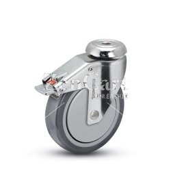 (image for) Caster; Swivel; 4" x 1-1/4"; Thermoplastized Rubber (Gray); Hollow Kingpin (1/2" bolt hole); Stainless; Precision Ball Brng; 190#; Thread guards; Total Lock (Item #63878)