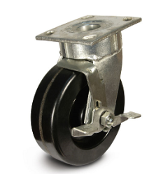 (image for) Caster; Swivel; 5" x 2"; Phenolic; Plate (4"x5"; holes: 2-5/8"x3-5/8" slotted to 3"x3"; 3/8" bolt); Zinc; Roller Brng; 1000#; Side Brake; Kingpinless (Item #65667)