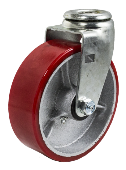 Caster; Swivel; 6\" x 2\"; PolyU on Cast Iron (Usu Red or Green); Hollow Kingpin (1/2\" bolt hole); Zinc; Roller Brng; 400# (Item #64200)