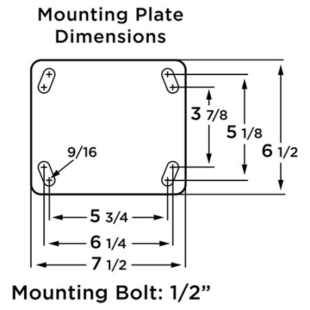 (image for) Caster; Rigid; 8" x 3"; Steel (Forged); Plate; 6-1/2"x7-1/2": holes: 5-1/8"x5-3/4" (slots to 3-7/8"x6-1/4"); 1/2" bolt; Painted; Prec Tapered Brng; 10000# (Item #63708)