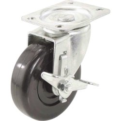 Caster; Swivel; 4" x 1-1/4"; Glass/ Nylon Hi-Temp (Bk); Plate (2-1/2"x3-5/8"; holes: 1-3/4"x2-7/8" slotted to 3"; 5/16" bolt); Zinc; Steel Spanner; 350#; Brake (Item #63419)