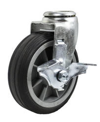 Caster; Swivel; 6" x 2"; Solid Rubber on Plastic Hub; Hollow Kingpin (1/2" bolt hole); Ball Brng; 350#; Ribbed Tread; Wheel Brake (Item #64280)
